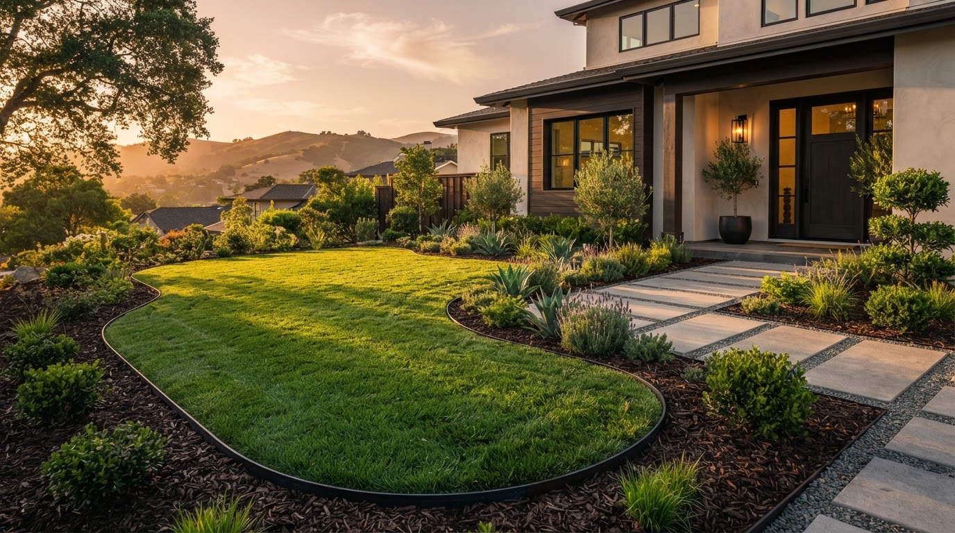 Freshly installed East Bay front lawn and landscape at golden hour