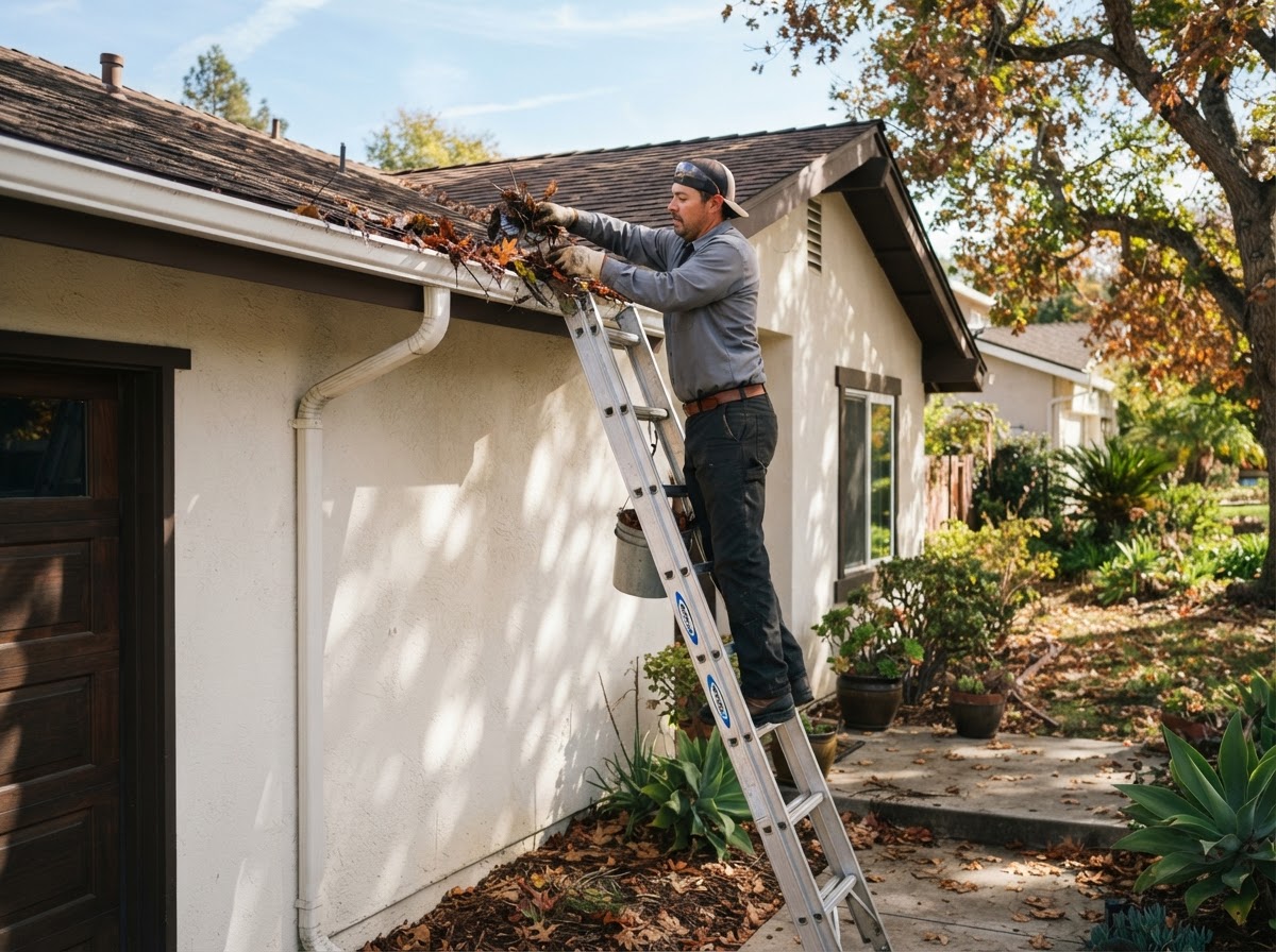 Worker cleaning leaves from a residential gutter on a California home