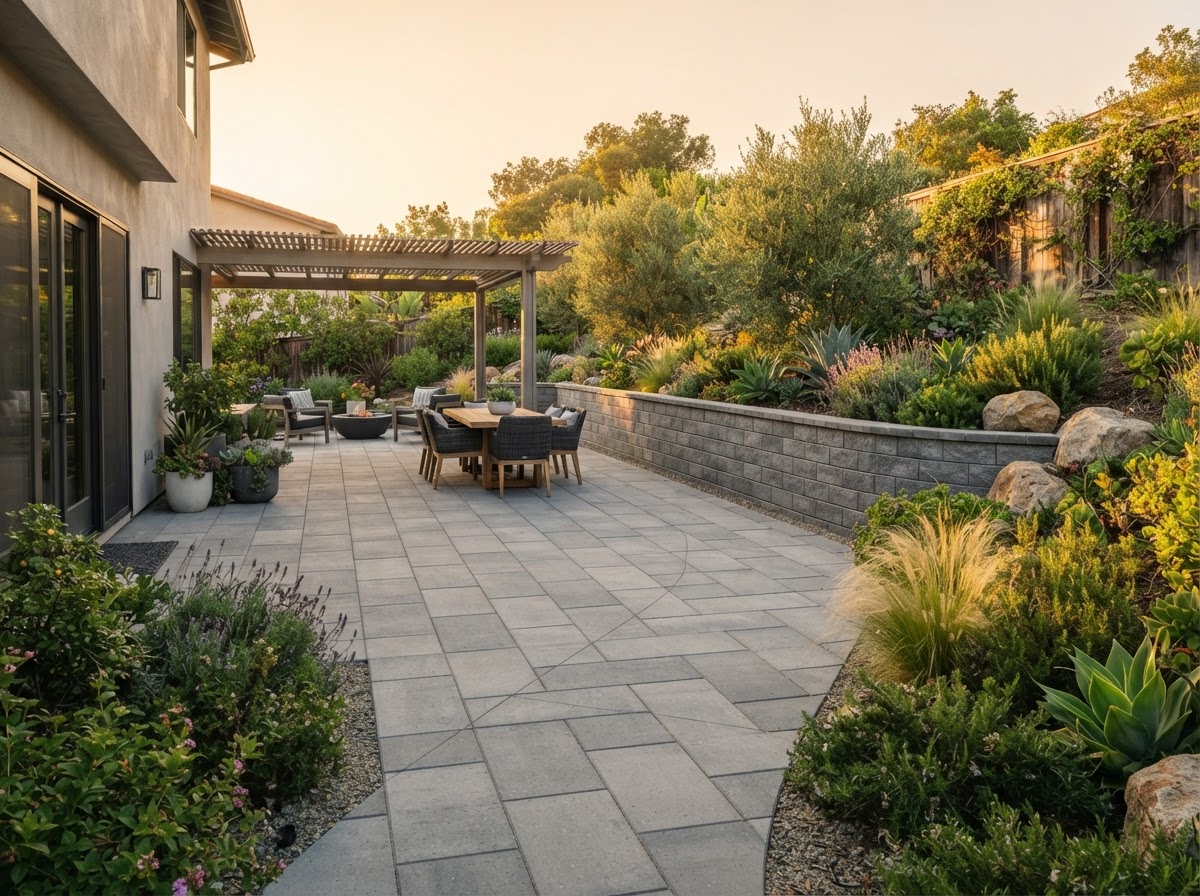 Finished paver patio and walkway with a low retaining wall in a California backyard