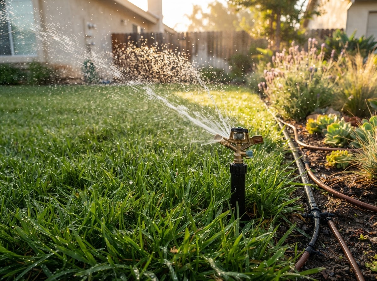 Lawn sprinkler system spraying water over green grass