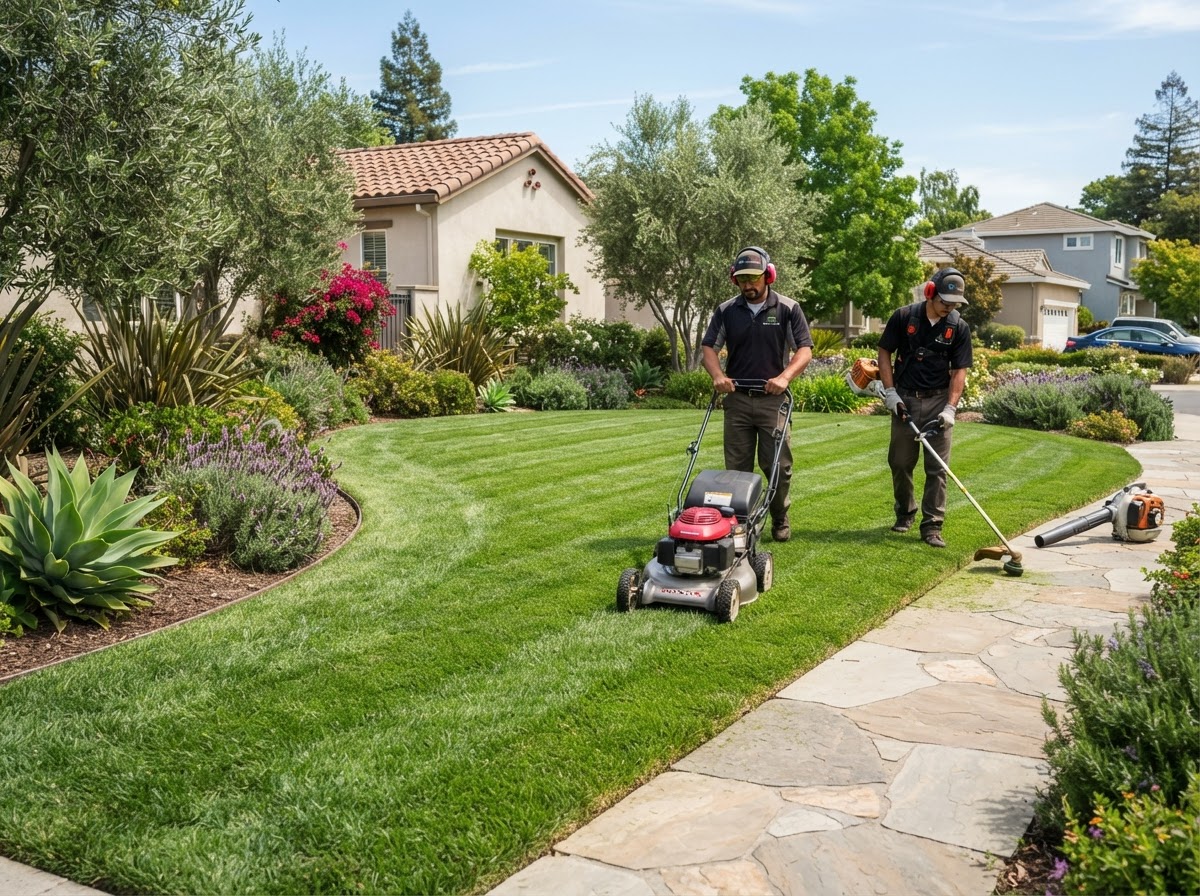 Grounds maintenance crew mowing and edging a manicured lawn