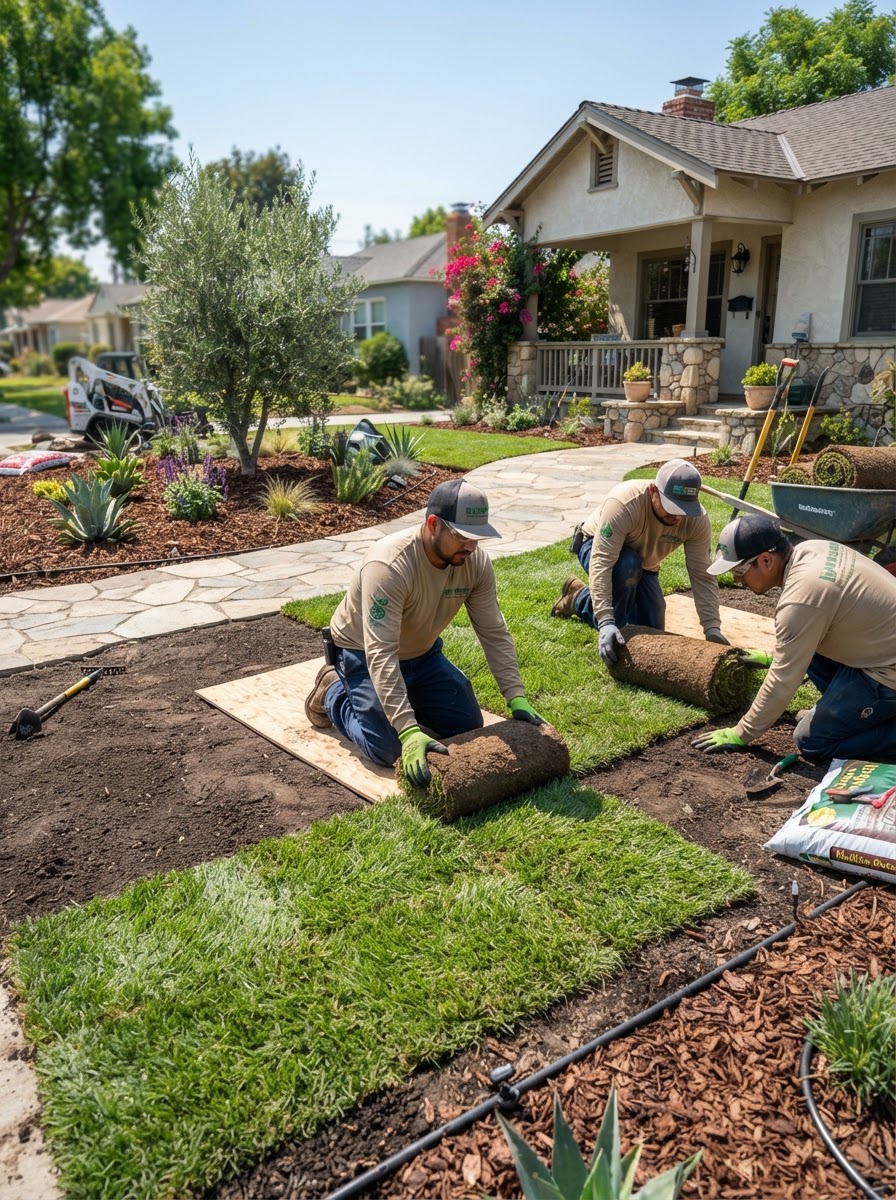 Fresh sod and plantings being installed in an East Bay front yard