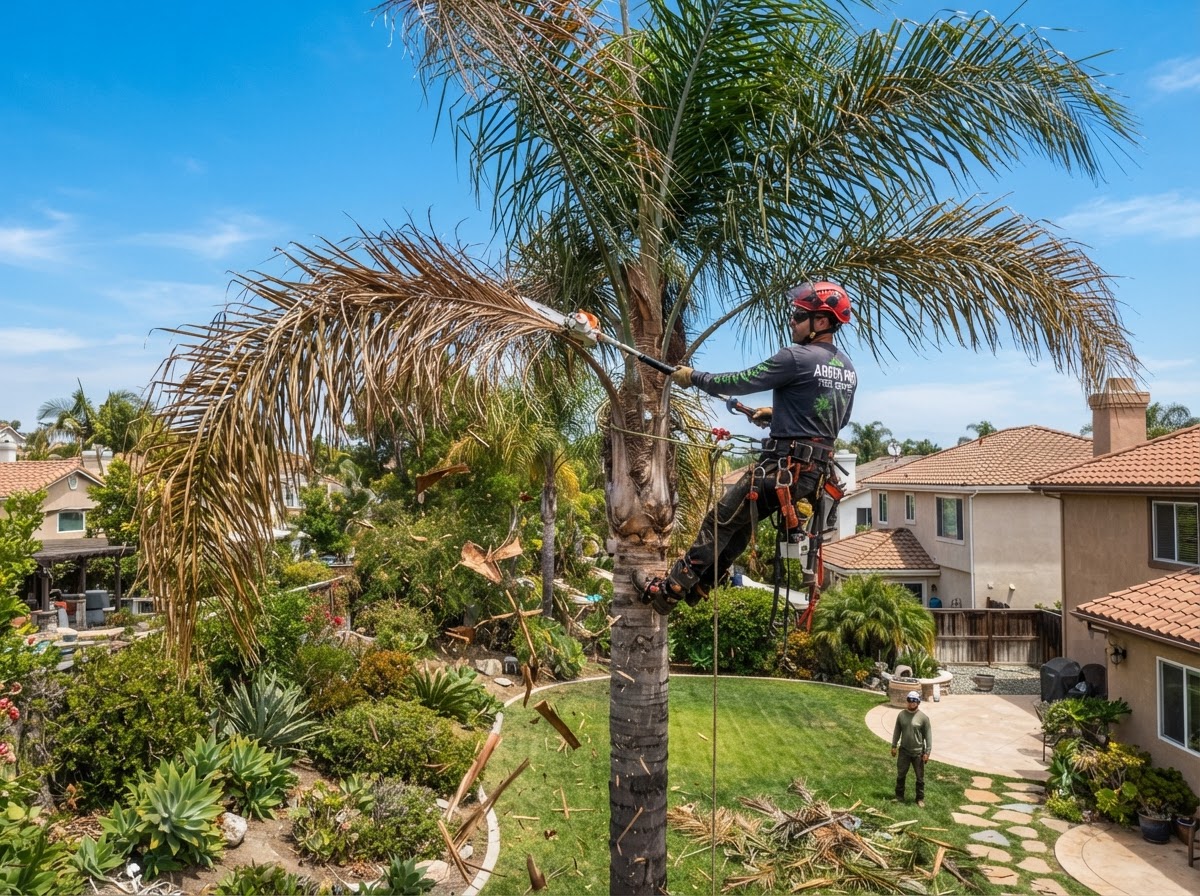 Arborist trimming a queen palm in a California backyard