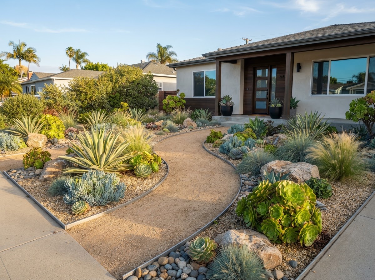 Drought-tolerant front yard with succulents, decorative rock and decomposed granite paths