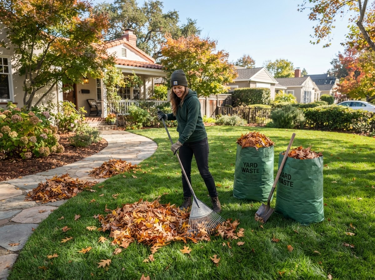 Seasonal yard clean-up with raked leaves and green-waste haul-away