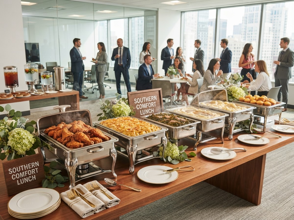 Corporate catering buffet setup with Southern comfort food in chafing dishes