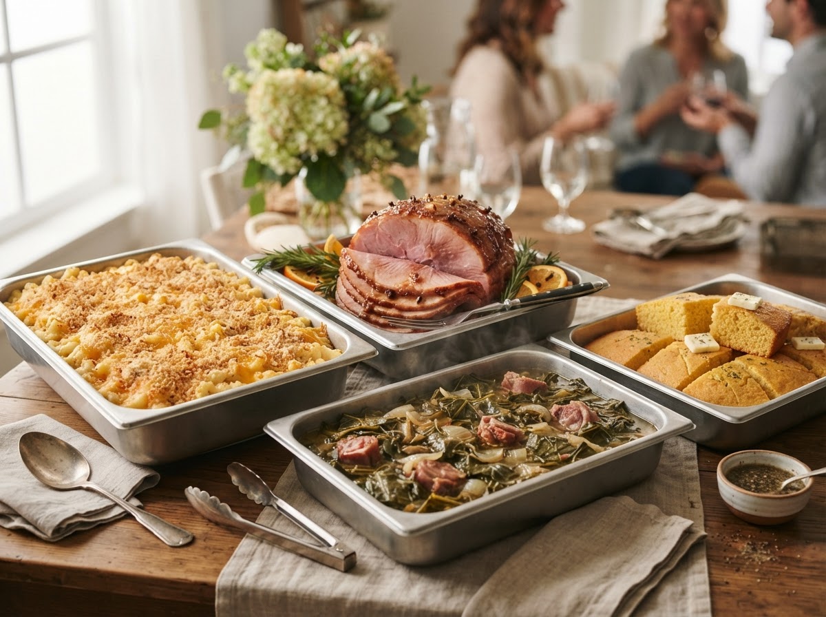 Southern repast meal with baked mac and cheese, glazed ham, and sides in catering trays