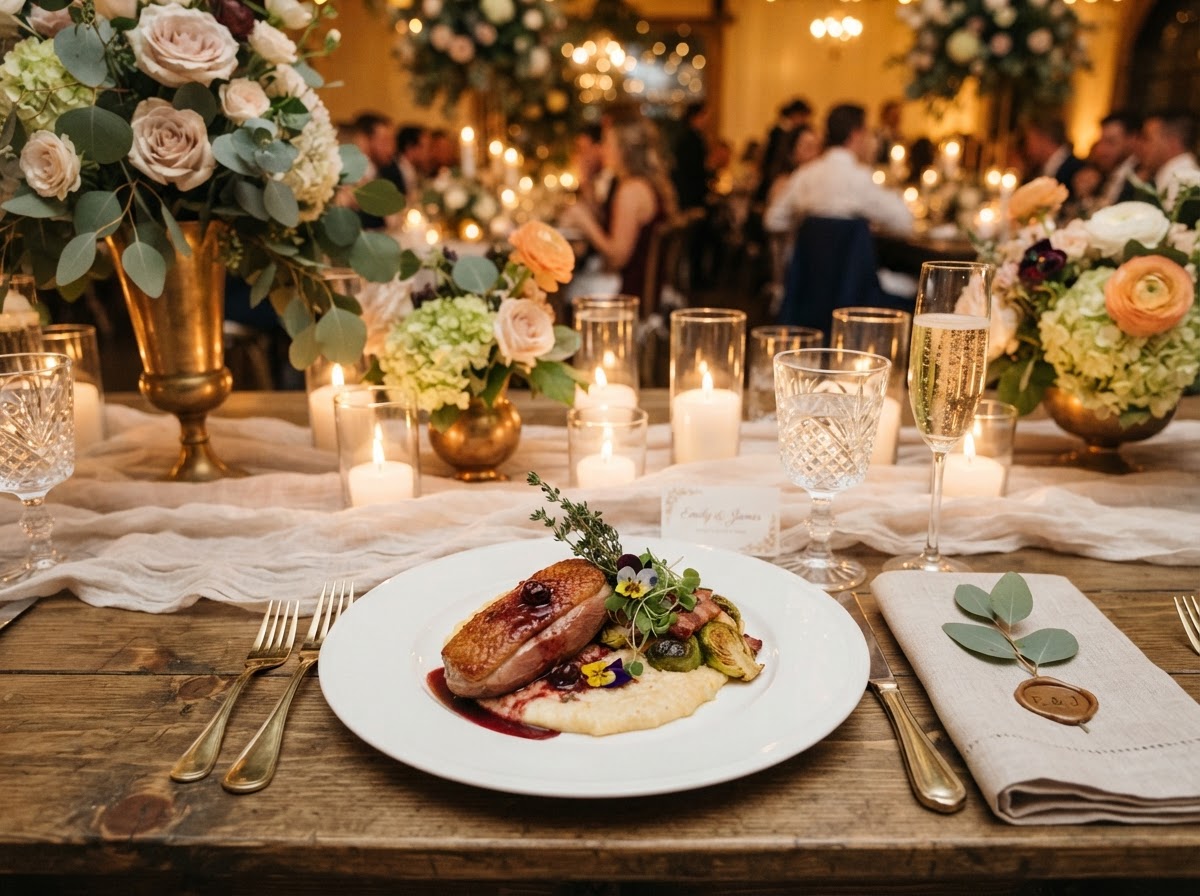 Elegant wedding catering plated entrée with fresh garnish on fine china