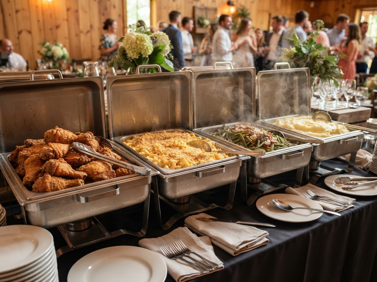Abundant Southern buffet catering setup with fried chicken and sides in chafing dishes