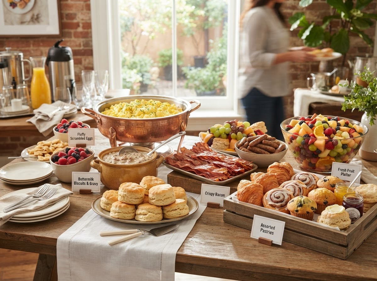 Southern breakfast brunch catering spread with biscuits, eggs, and bacon