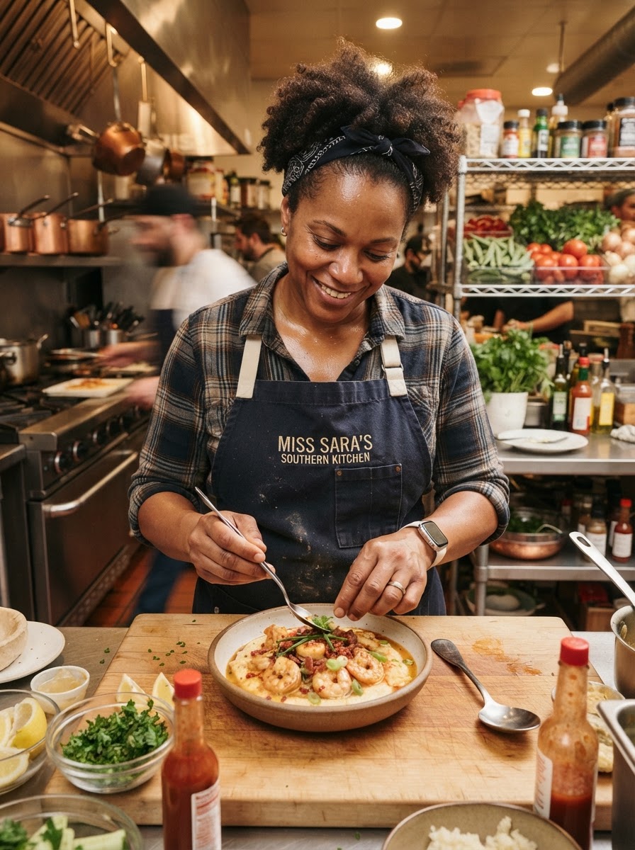 Daisy Mae's Kitchen chef plating a Southern comfort food dish in a professional kitchen
