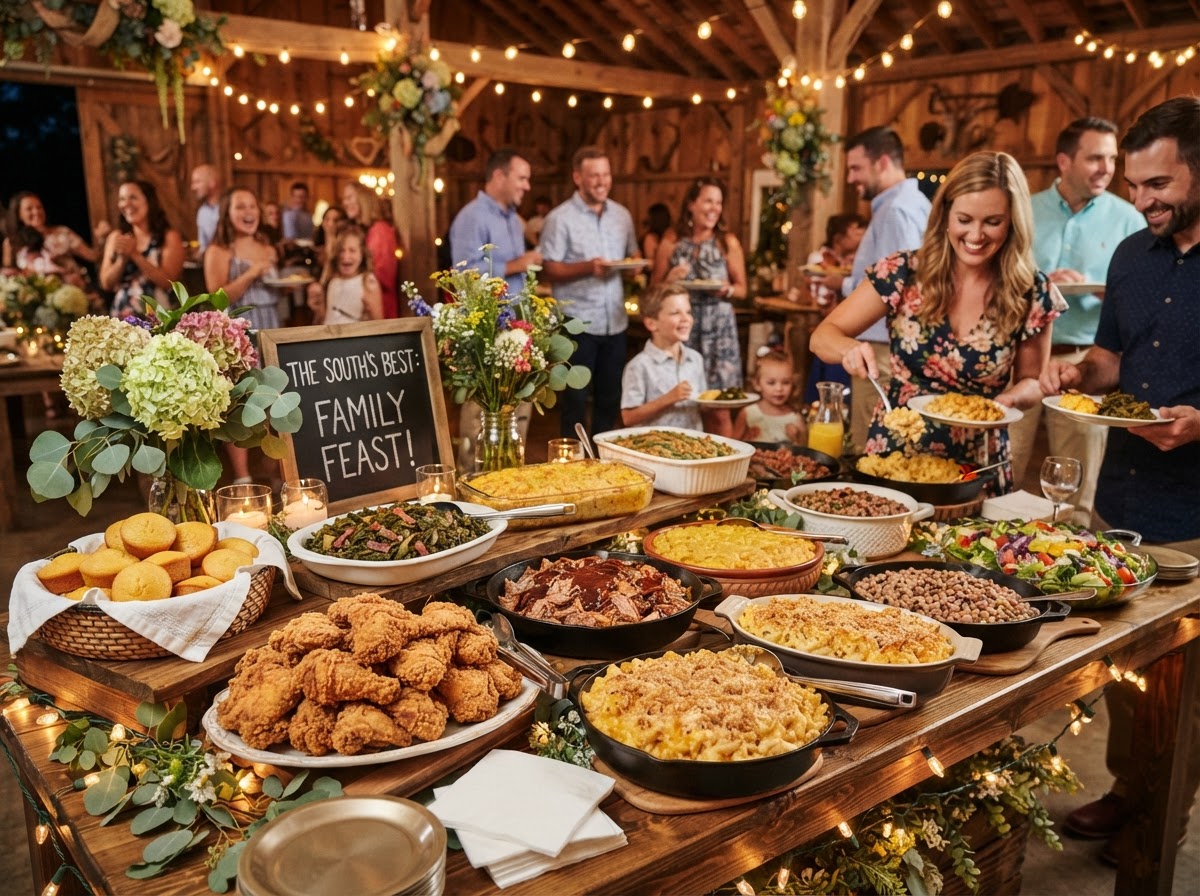 Festive private party catering spread with Southern comfort food
