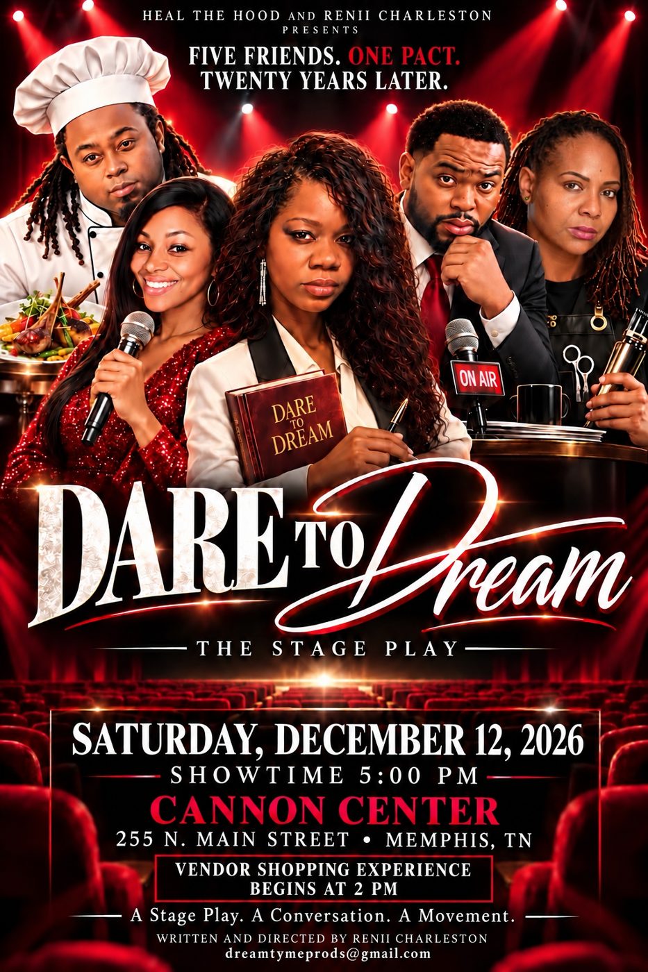 Dare to Dream key art: five friends, a chef, a singer, a writer, a talk show host and a barber