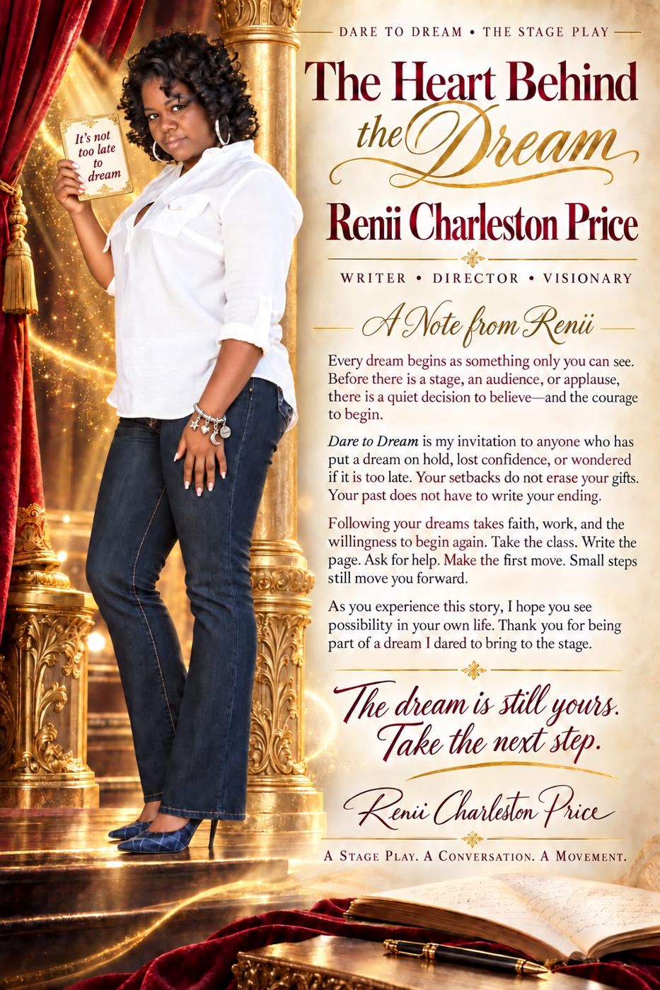 Renii Charleston on stage holding a card that reads It's not too late to dream