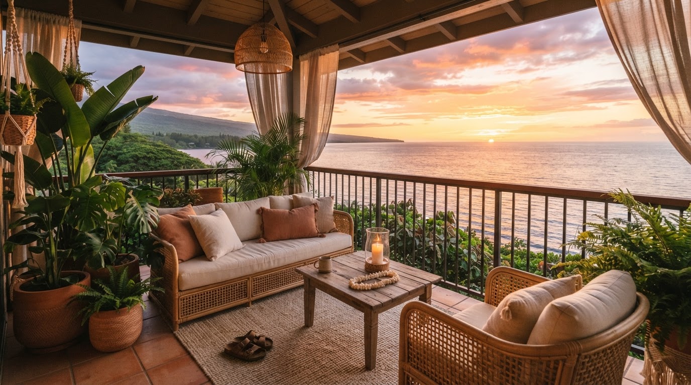 Relaxed Maui lanai at golden hour — atmospheric lifestyle photography, not a photo of a specific unit