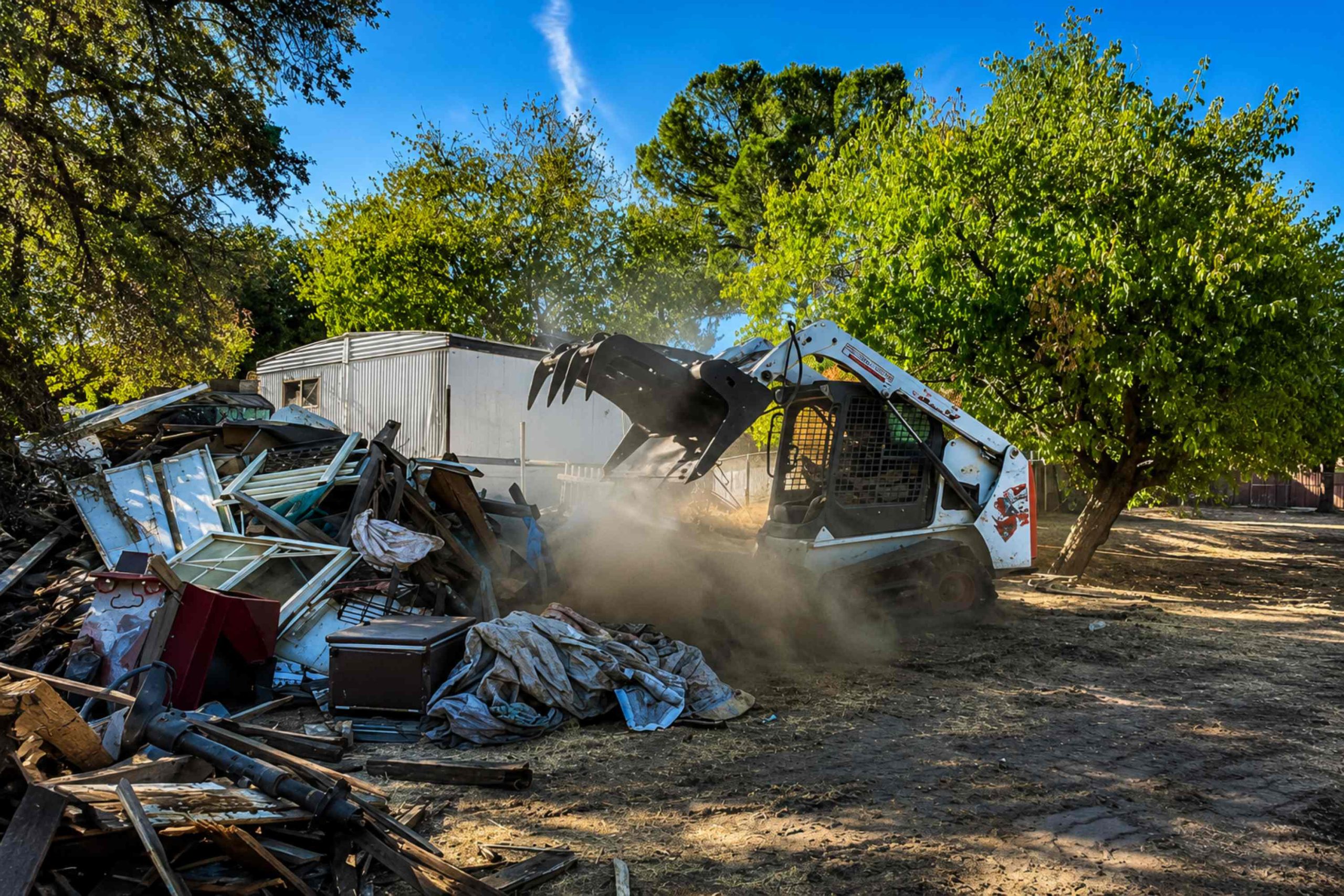 Busy demolition site under clear skies