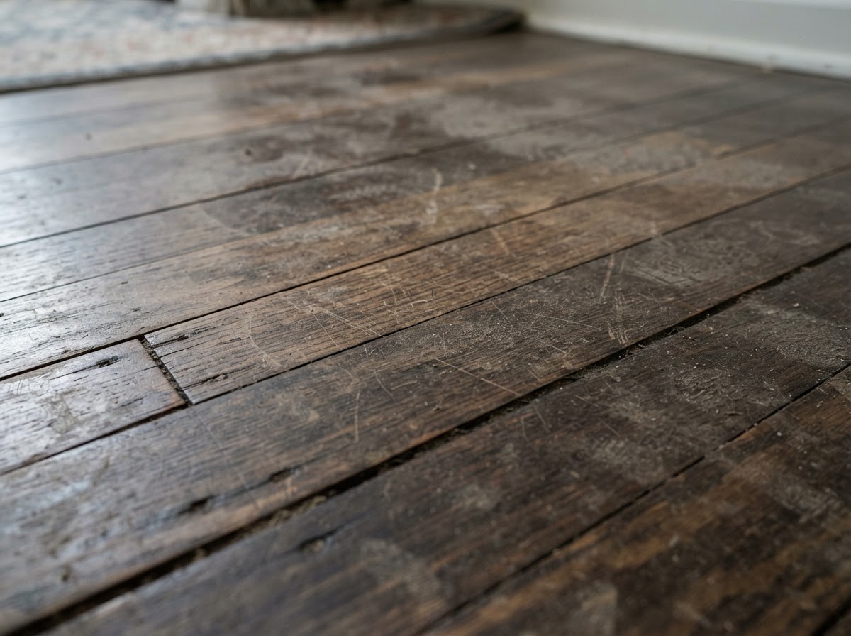 Dull hardwood floor before cleaning showing scuffs and haze
