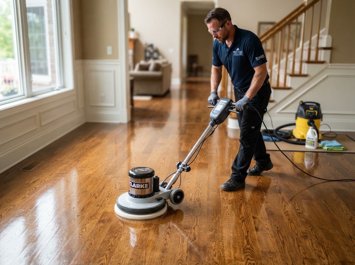 Technician performing hardwood floor cleaning and polishing