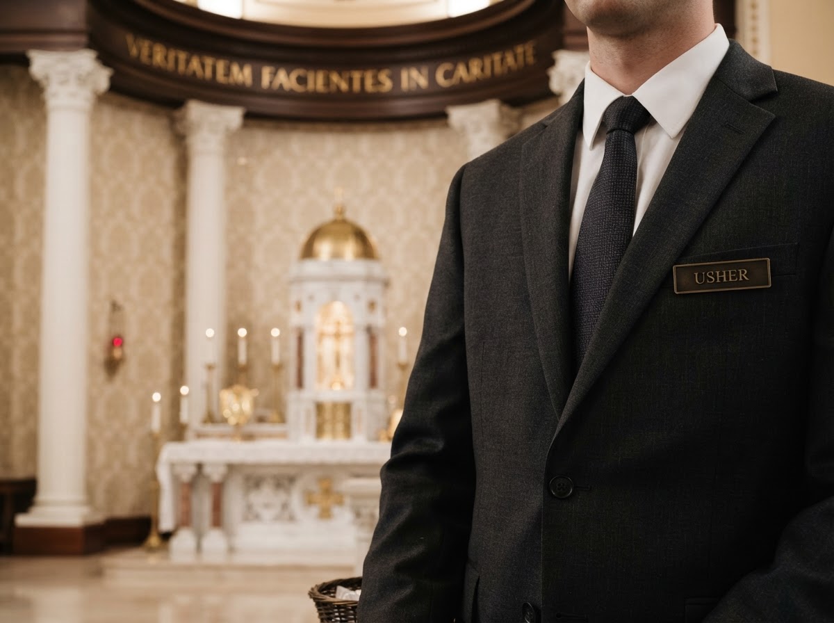 Old St. Patrick Oratory usher with brass badge in front of the high altar