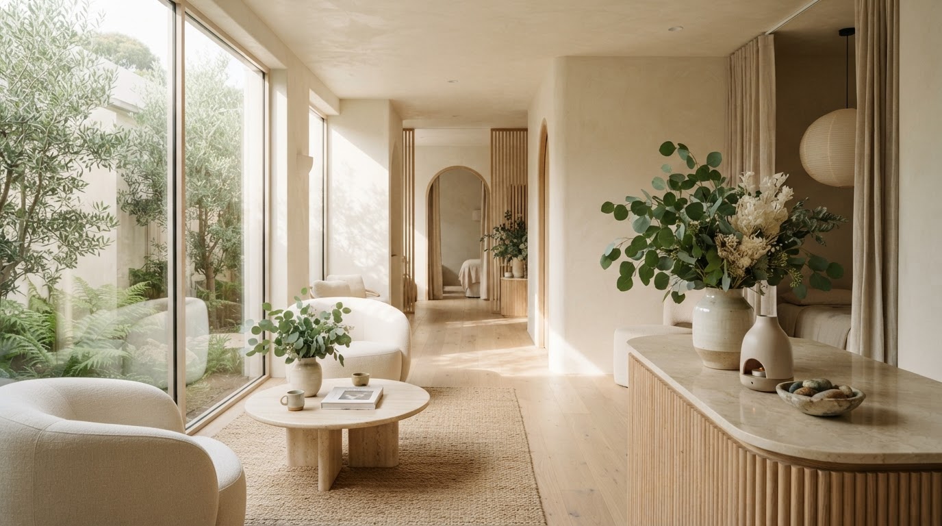 Serene wellness space with sage botanicals and soft natural light