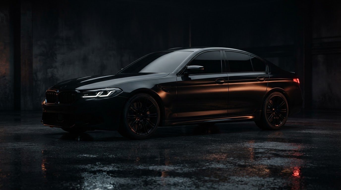 Sleek dark sports sedan with deep ceramic window tint in a moody studio