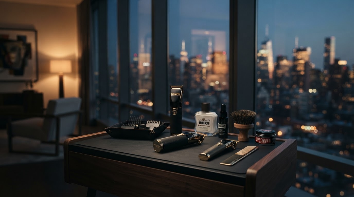 A modern mobile barber setup with premium cordless clippers and trimmers neatly arranged on a portable workstation inside an upscale penthouse, an elegant city skyline glowing through the windows