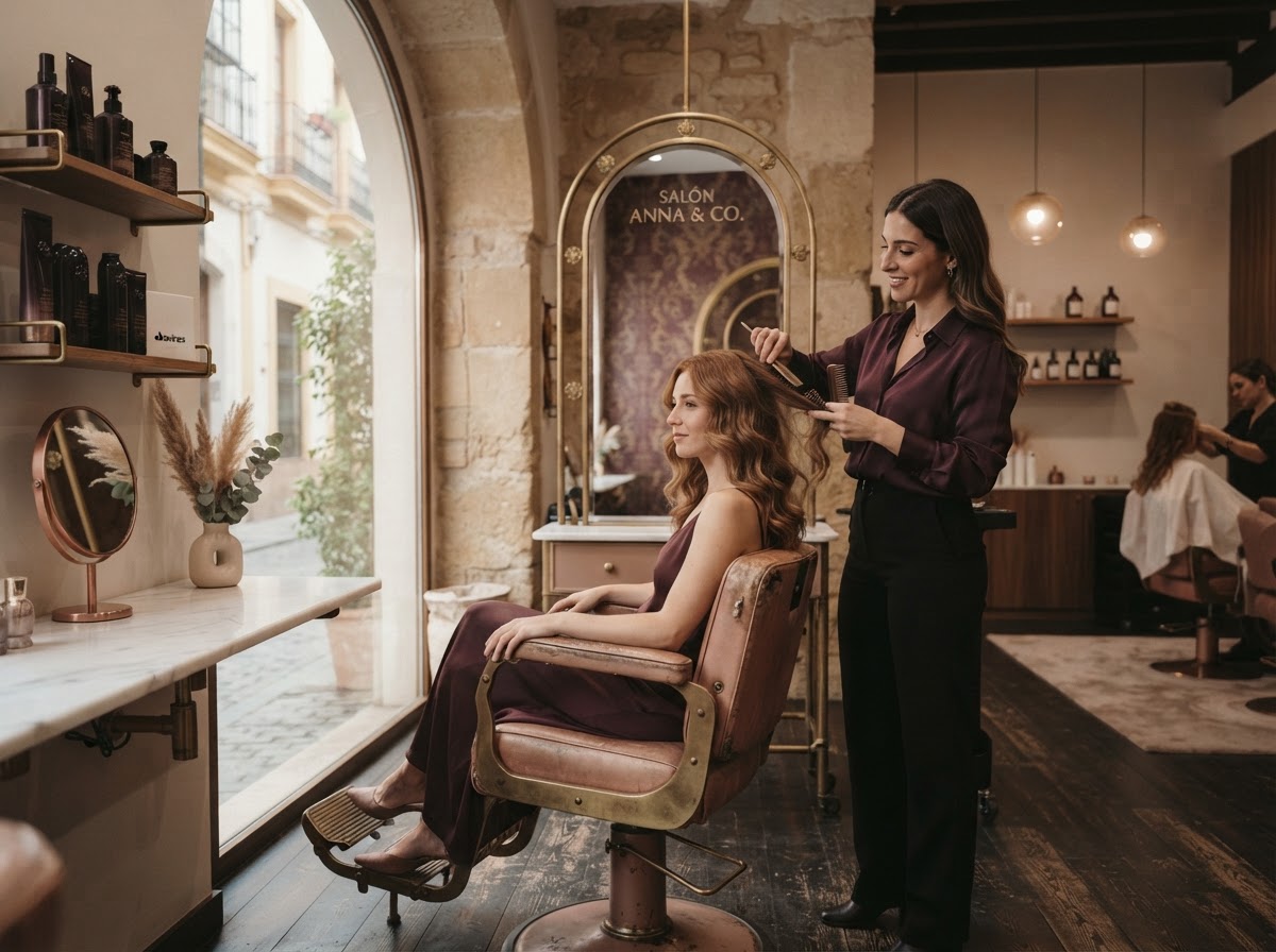 Interior de una peluquería boutique con luz natural y tonos rosados