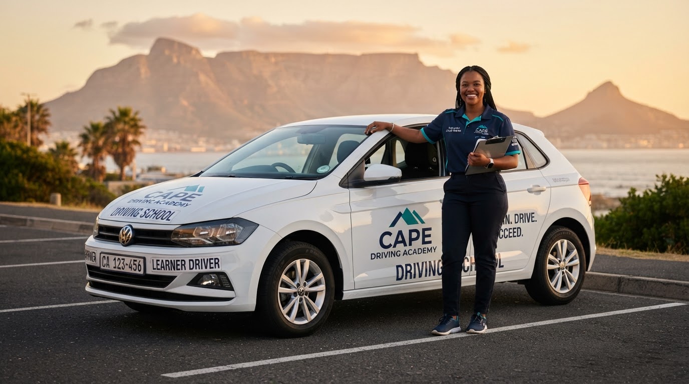 Ubuntu Driving Academy instructor beside a driving school car in Cape Town