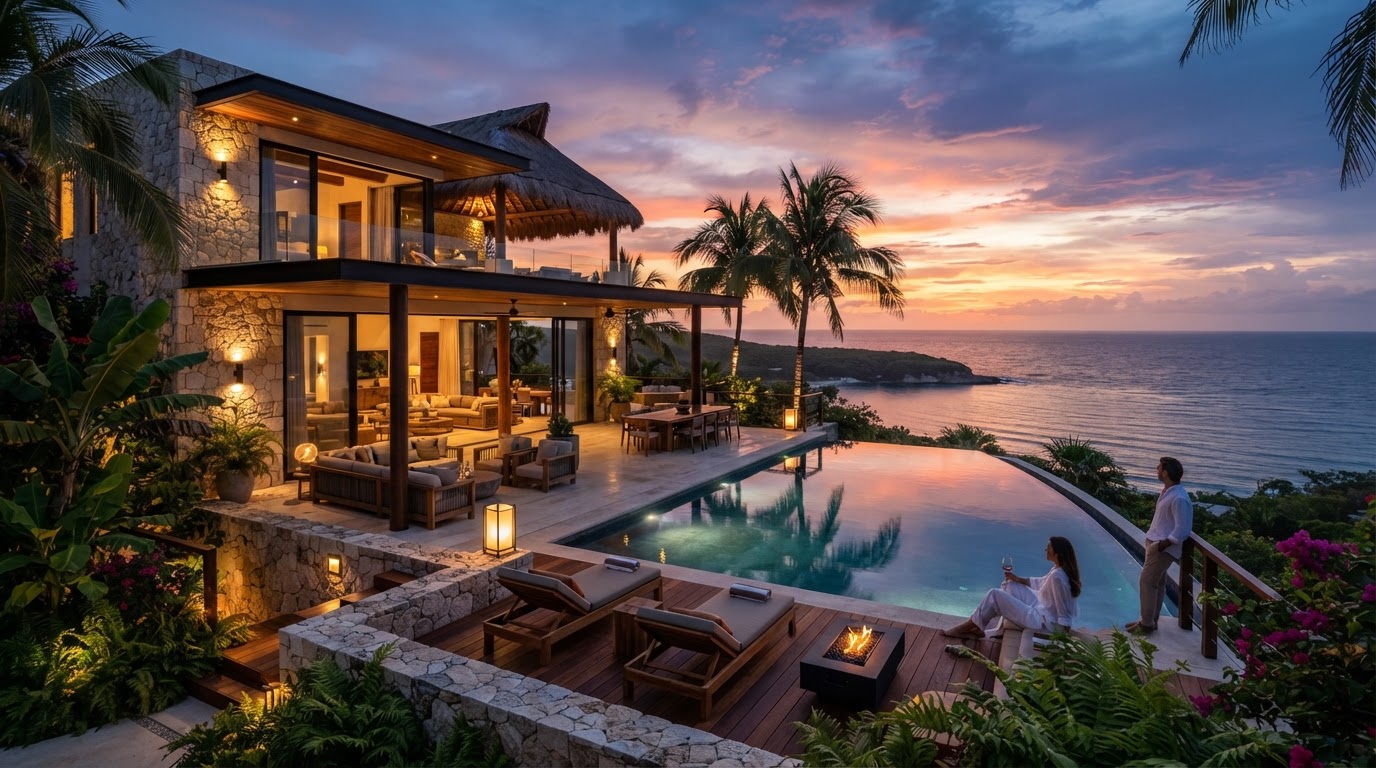 Residencia contemporánea de lujo en Yucatán con piscina infinita al atardecer