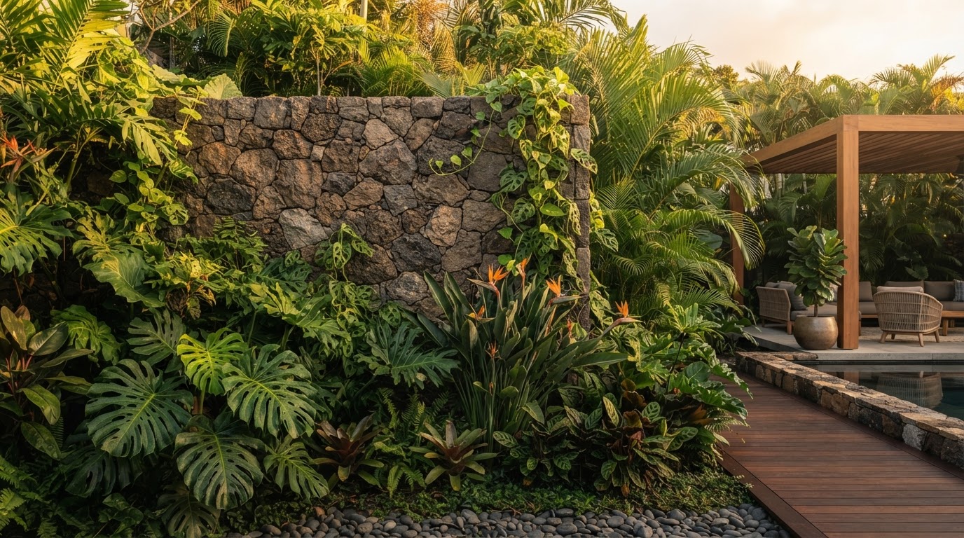 Muro de piedra natural con jardín tropical y luz cálida