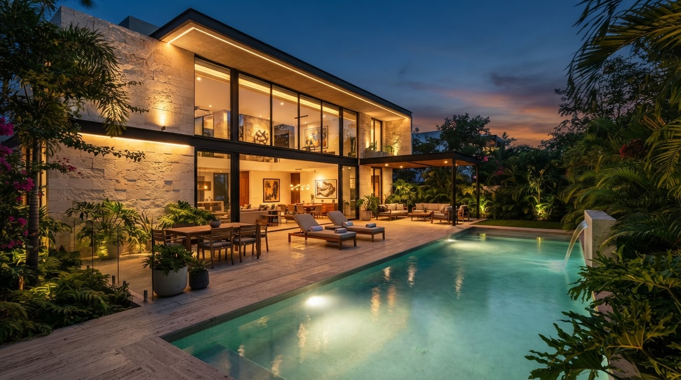 Residencia contemporánea en Mérida al atardecer con piscina iluminada