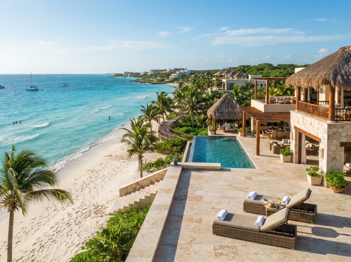 Playa y costa yucateca con villa frente al mar