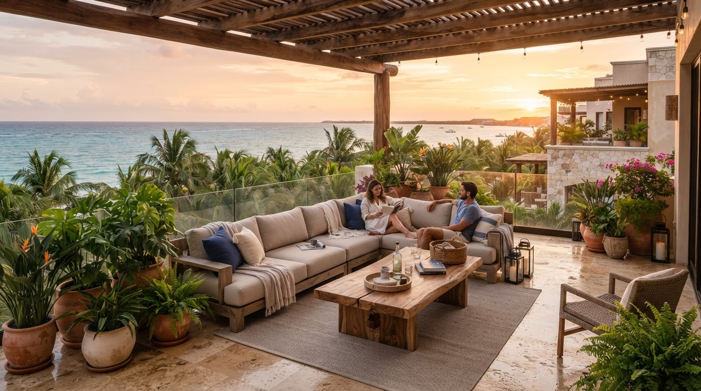 Terraza exterior de lujo con sofás, mesa de madera orgánica y vista a palmeras y mar