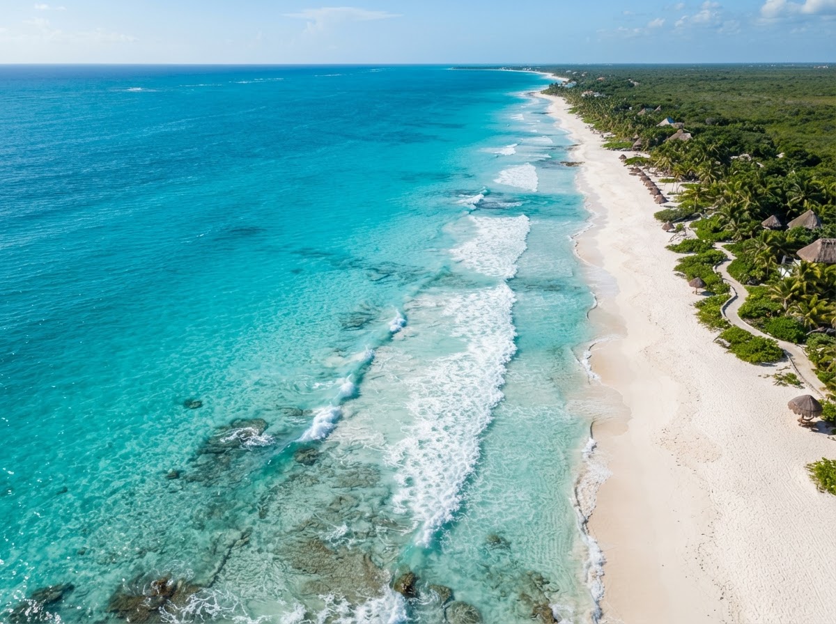 Vista aérea de la costa yucateca con aguas turquesas y arena blanca