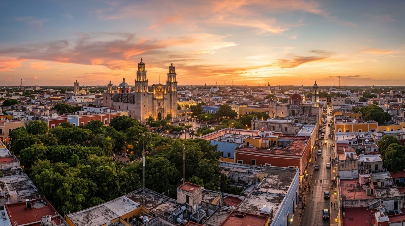 Atardecer dorado en el centro histórico de Mérida Yucatán con la catedral