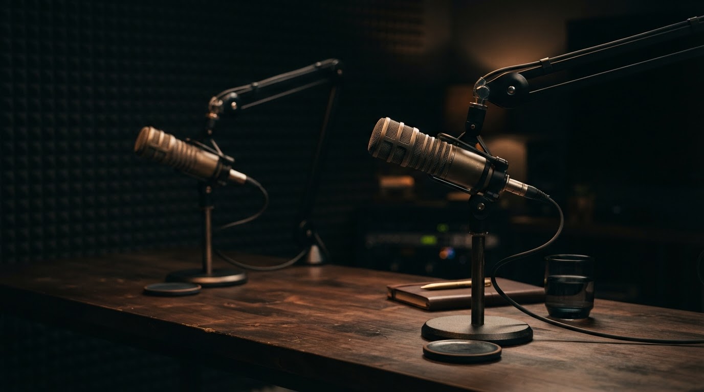 Two podcast microphones on a dark studio desk