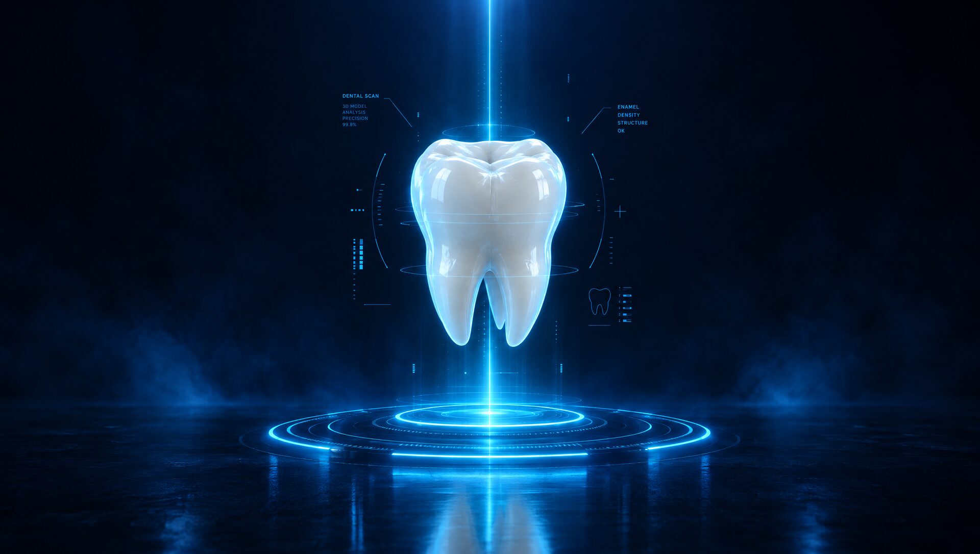A tooth on a glowing holographic pedestal in a dark lab