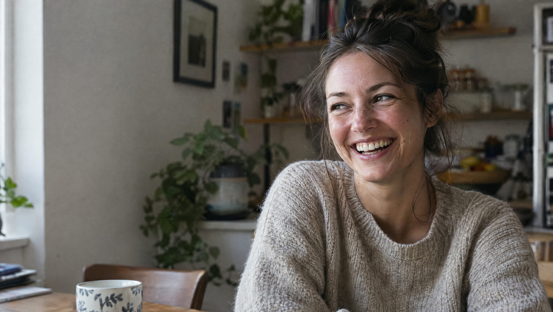 A woman laughing with a bright, natural smile