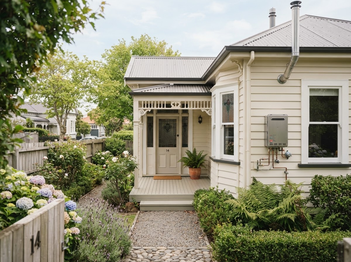 The exterior of a classic New Zealand villa with weatherboard cladding and a tidy front garden