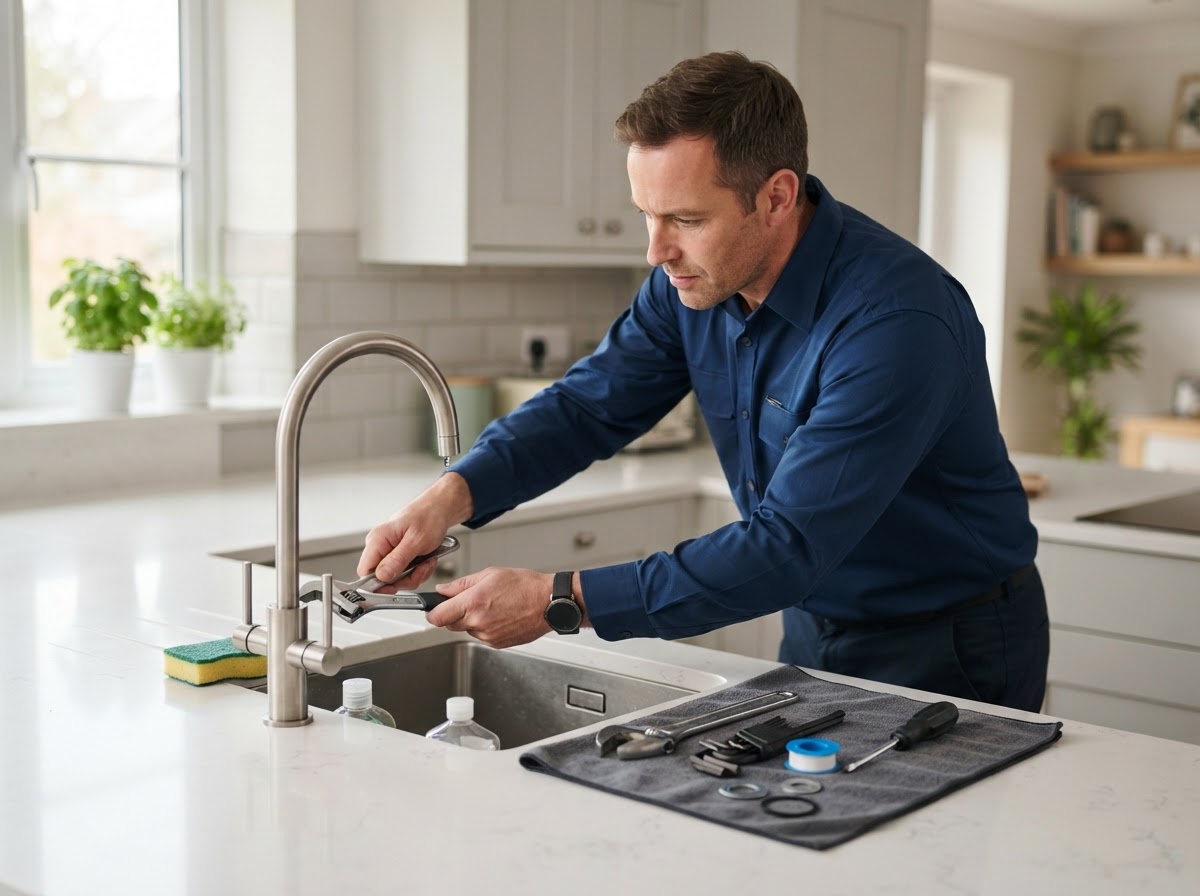 A plumber fixing a dripping kitchen tap in a tidy residential home