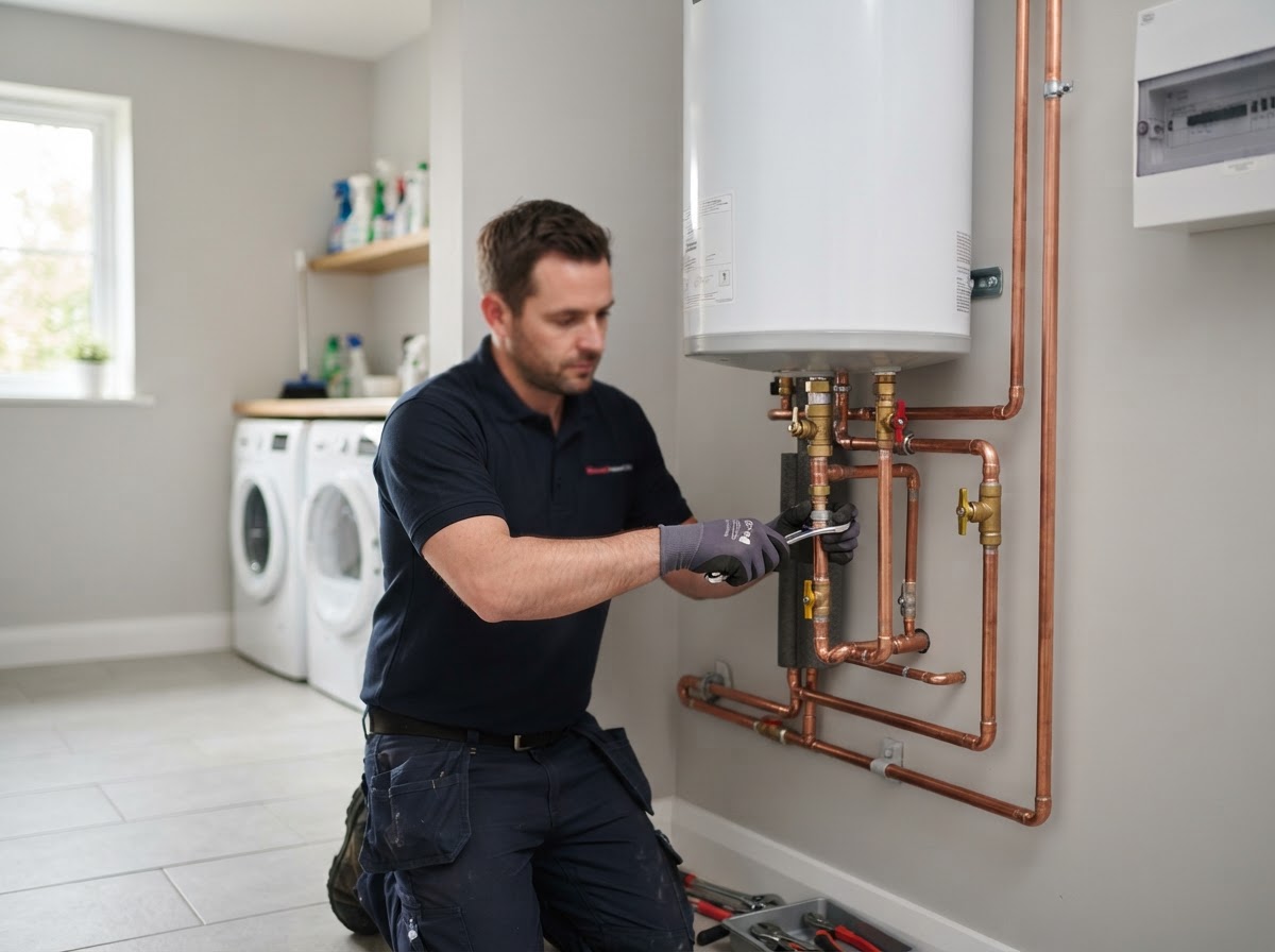A plumber installing a new mains-pressure hot water cylinder in a clean utility room