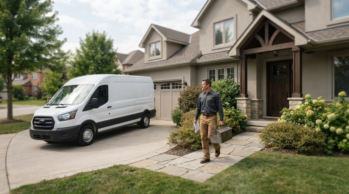 A plumbing service van parked in the driveway of a residential home, a plumber carrying a toolbox toward the front door