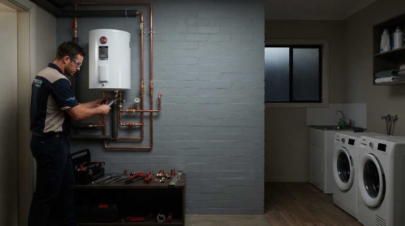 A plumber installing a new hot water cylinder on the wall of a residential home