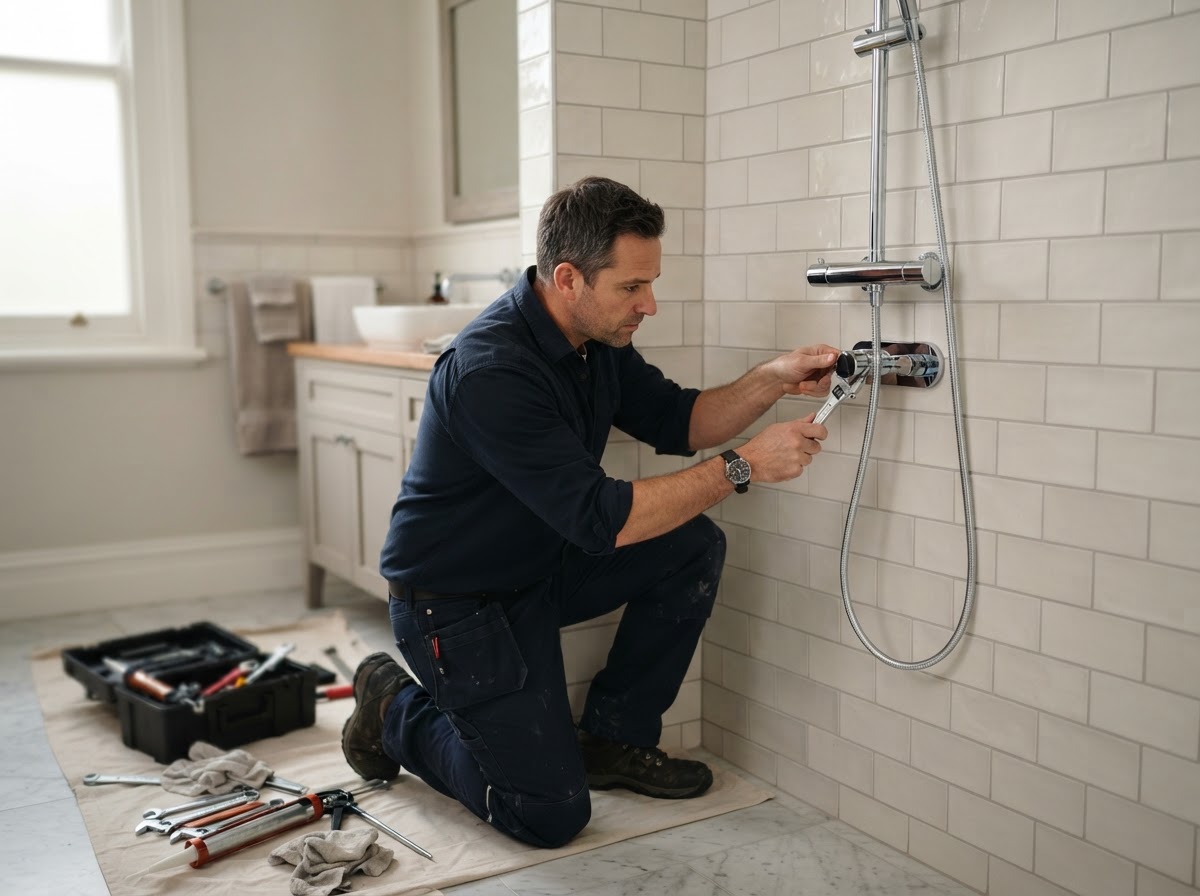 A plumber installing chrome shower fixtures in a renovated bathroom