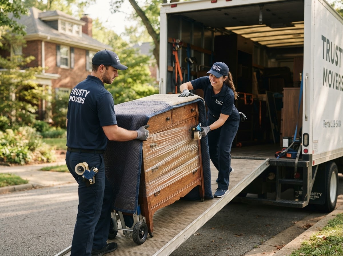 Professional movers loading furniture into a moving truck