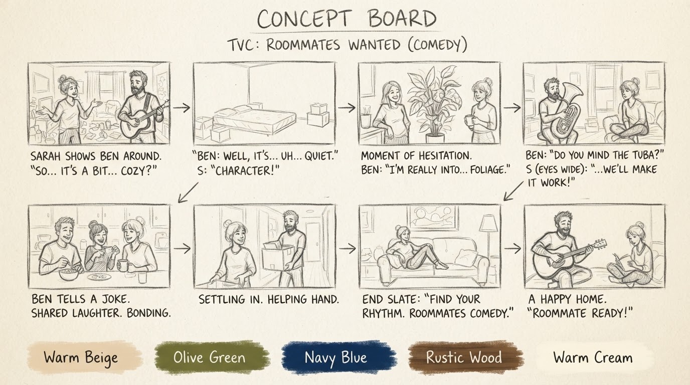 Raw concept storyboard: HomeShare Oregon — Roommate Matching Commercial