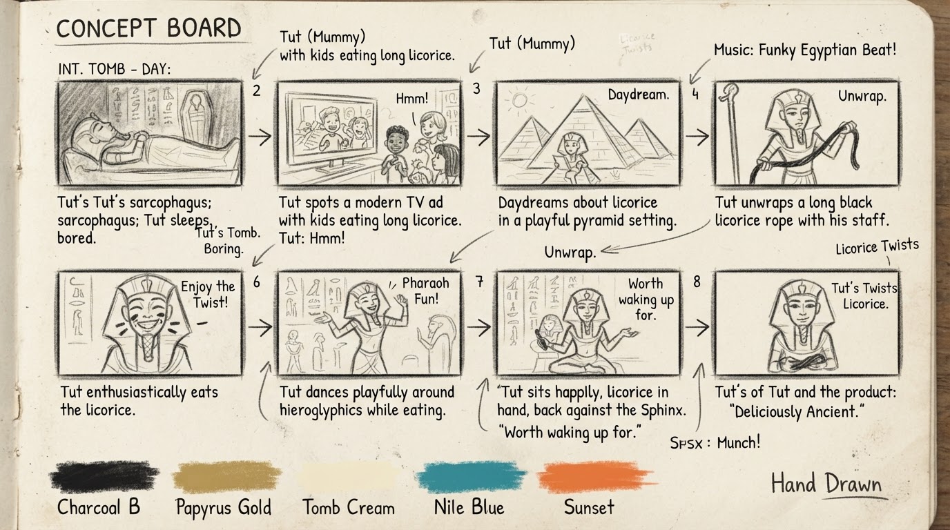 Raw concept storyboard: The Licorice Guy — King Tut Commercial