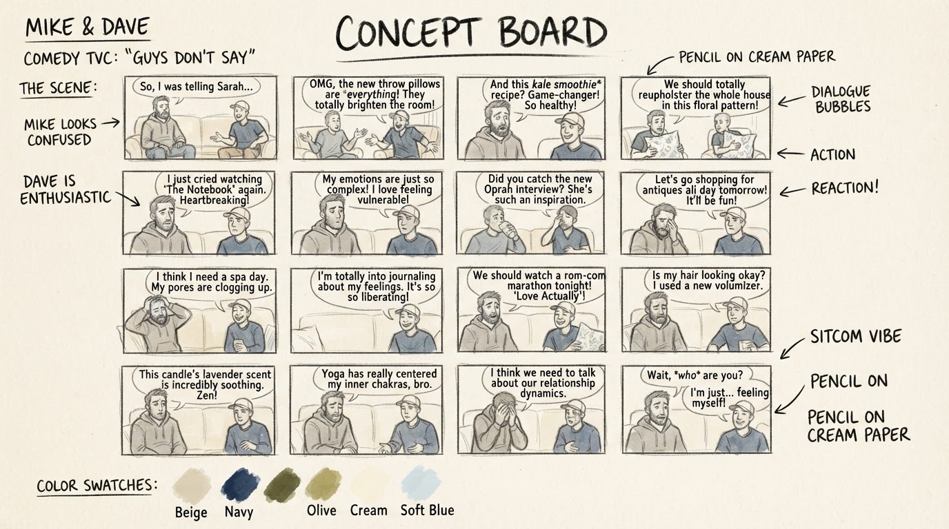 Raw concept storyboard: GetRxCard — "Things Guys Don't Say" ED Comedy Commercial
