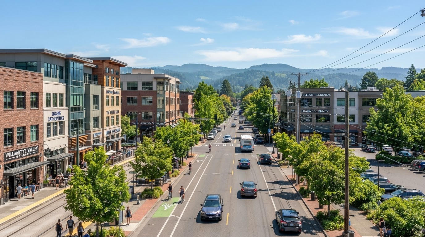Eugene Metro commercial real estate along a mixed-use district with the Willamette River in the background