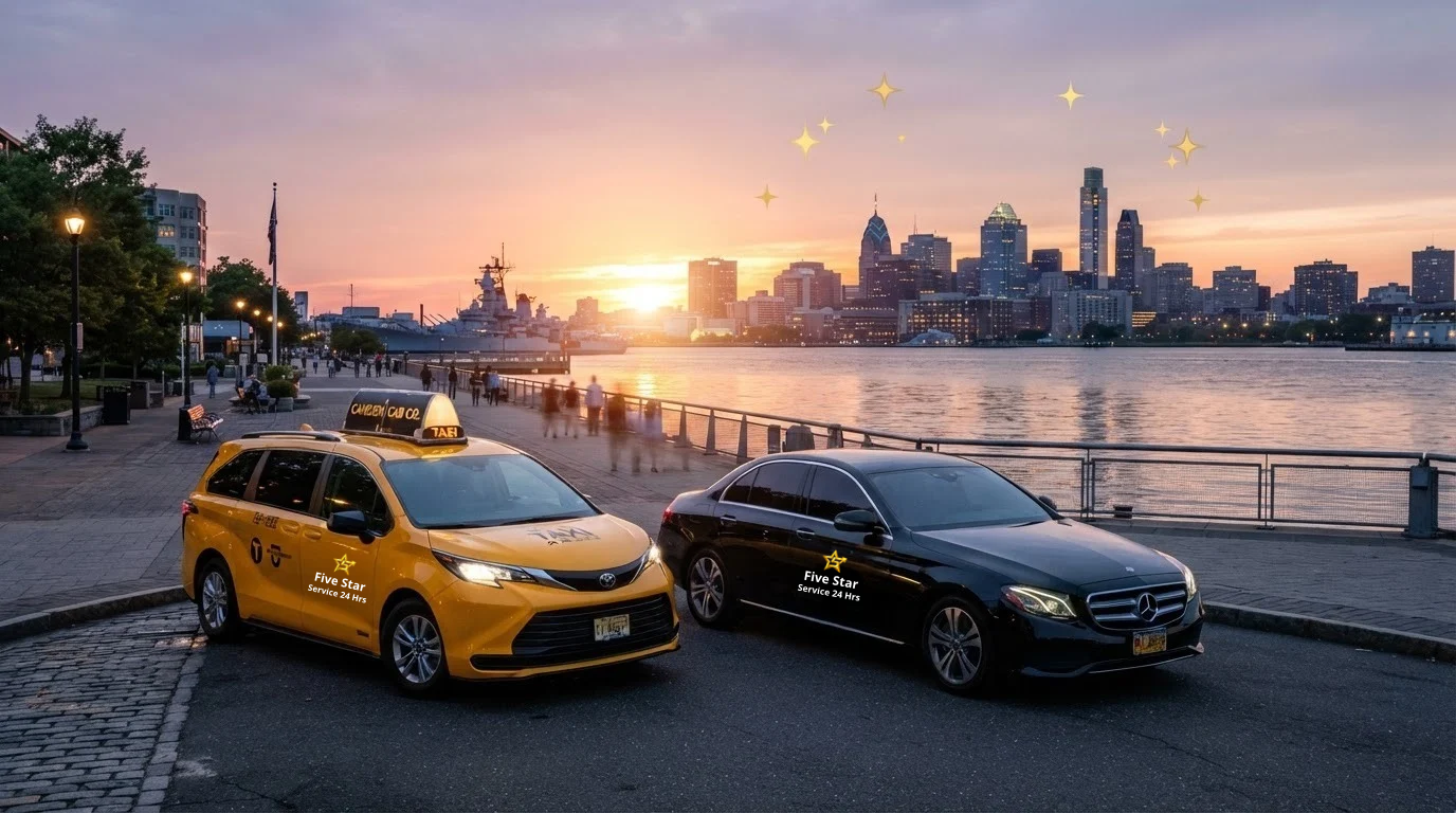 Five Star Cab taxi overlooking the city skyline at sunset